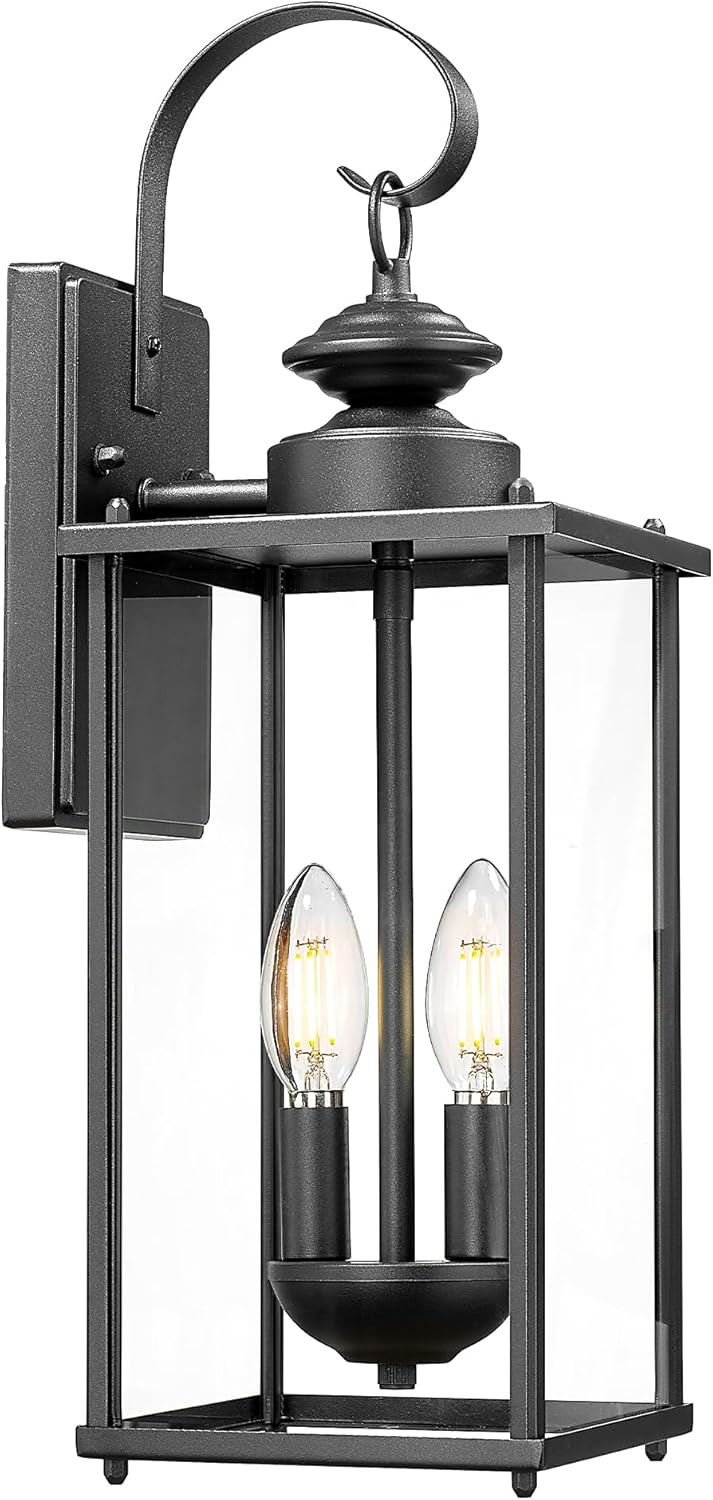 kudos Porch Lights, 18.1 inch Large Outdoor Wall Light, E12 Sockets, Anti-Rust Waterproof Light Fixtures Wall Mount for Patio, Doorway, Entryway, Black with Clear Glass, KDOWL02-BK-L