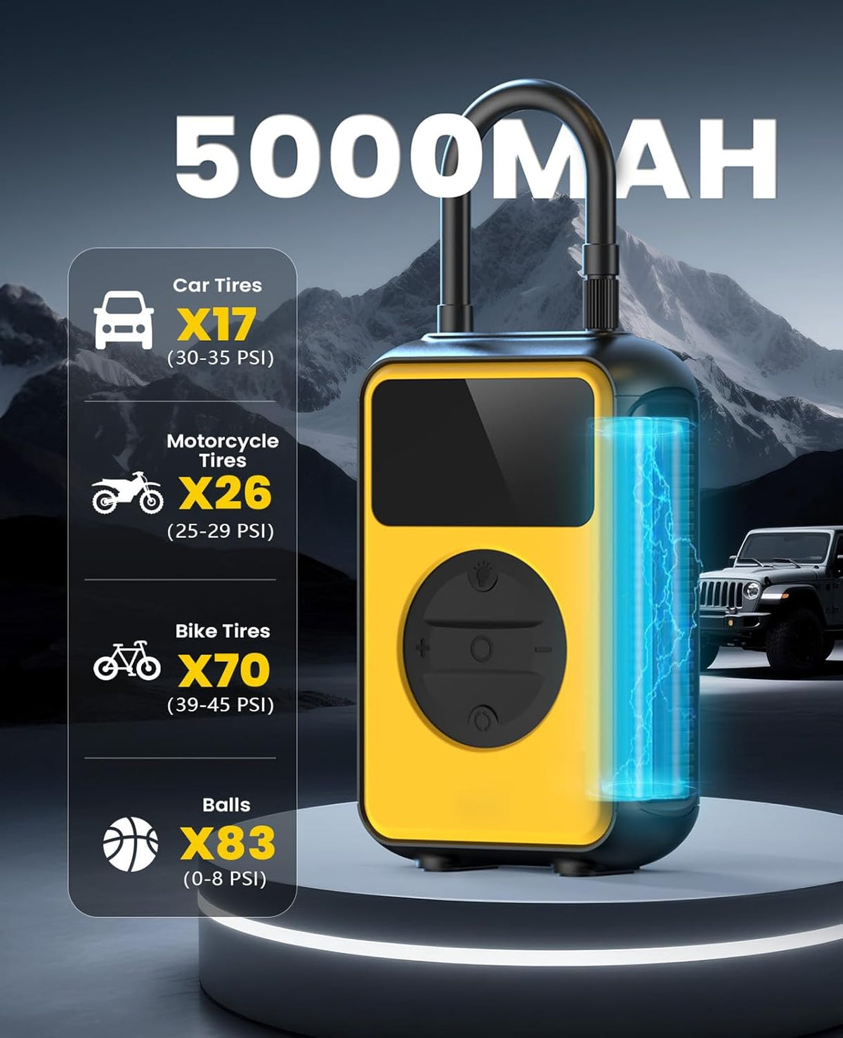 Tire Inflator Portable Air Compressor, Dual Pressure-150PSI High Pressure Mode & 4.0 kPa Large Volume Mode For Car, Bicycle Tires, Air Mattresses and Inflatables