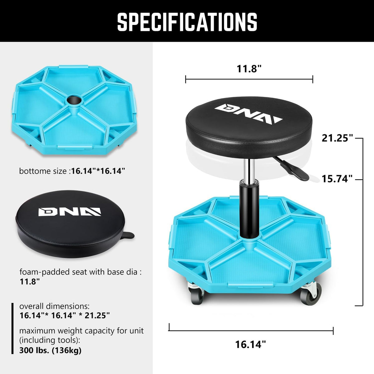 DNA MOTORING Adjustable Height Pneumatic Garage Seat Rolling Mechanic Stool with Tool Tray Storage,300lbs Max Weight Capacity, Blue,TOOLS-00480