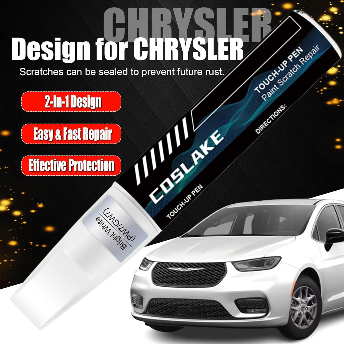 Car Touch Up Paint(Diamond Black Crystal(PXJ/KXJ)) for Chrysler, Car Paint Scratch Repair Kit, Quick & Easy Solution to Repair, 2 in 1 Scratch Remover Pen with 2PCS Disposable Micro Applicators