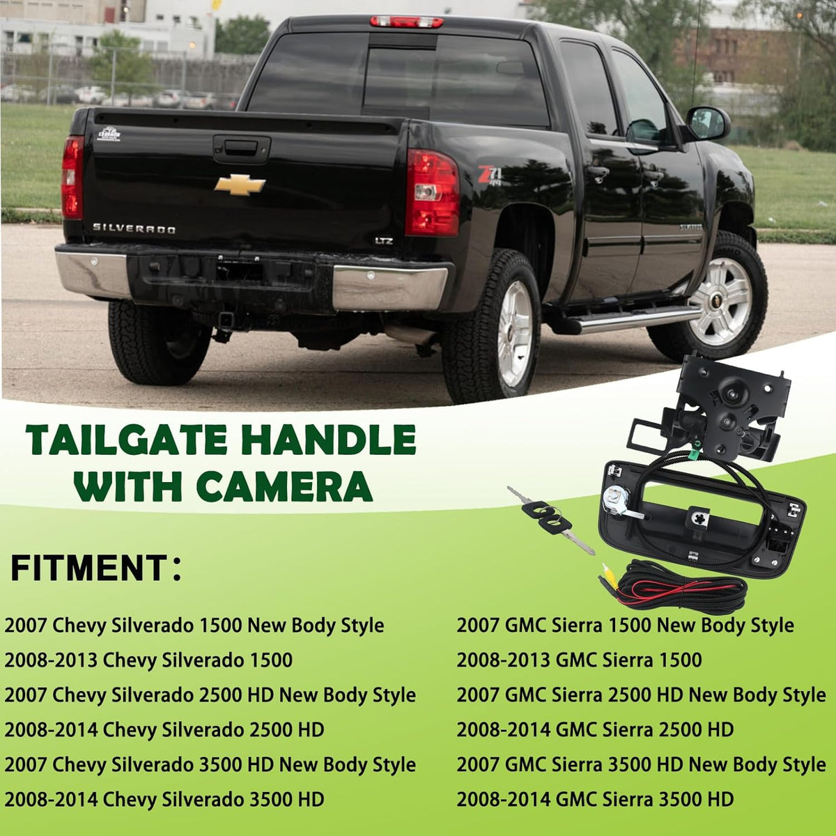 Backup Camera Tailgate Handle Rear View Camera Liftgate Latch Handle with Key Lock Cylinder Black Compatible with 2007-2014 Chevrolet Chevy Silverado GMC Sierra 1500 2500 3500