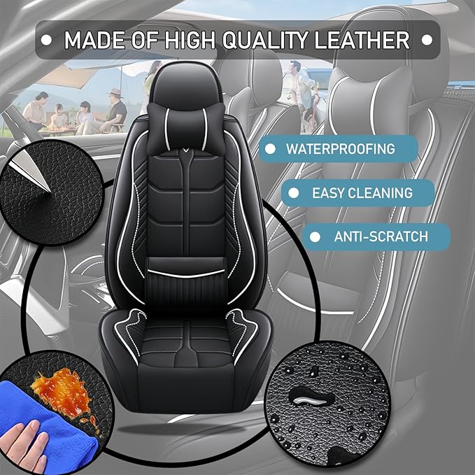 Leather Car Seat Covers Fit for Toyota RAV4 Prime 2021-2024, 5 Seater Car Seat Cover, Premium Waterproof, Scratch Resistant Car Interior Accessories (Full Set with Pillow Black White)