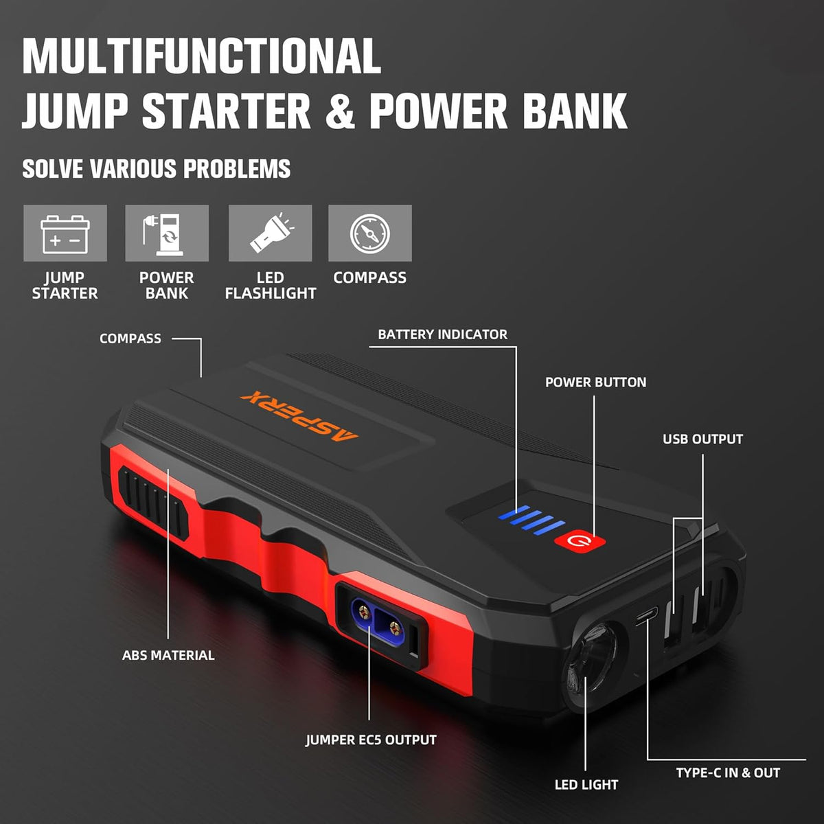 ASPERX 3000A Jump Starter for Car Battery, 12V Portable Jump Box with LED Light & Smart Jumper Cables, BMS for Up to 10.0L Gas or 8.0L Diesel Engines-Red
