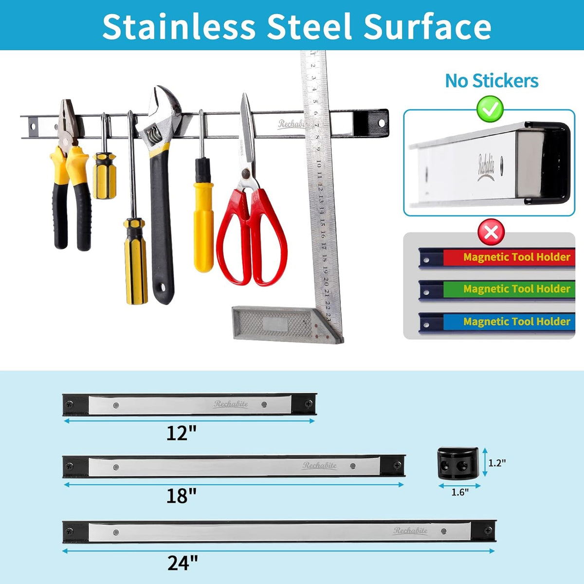 4 Pieces 24" Magnetic Tool Holder Strip, Stainless Steel Surface Tool Magnet Bar, Metal Tool Organizer Rack for Garage Organization, Easy To Install in Workshop, Mounting Screws Included