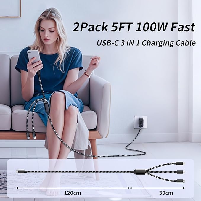 100W USB C Multi Charging Cable with E-Mark Chip, 3 in 1 USB C Fast Charging Cable, Universal Multiple Charger Cord with Type-C, Micro USB, IP Port for iPhone16/15/14/Cell Phones and More (2Pack 5FT)