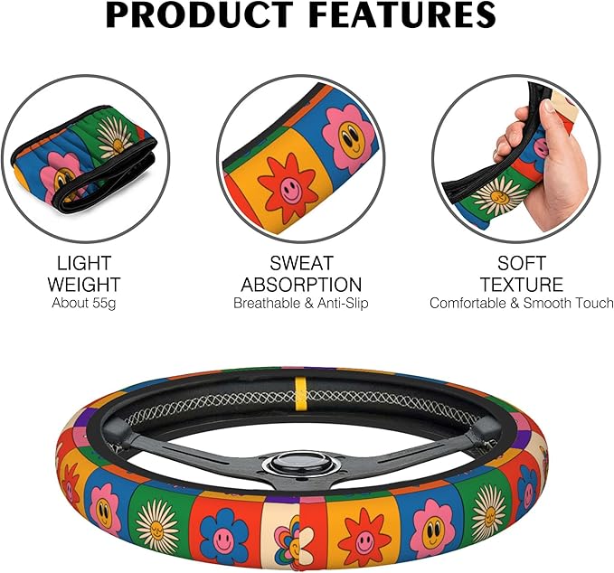 Abstract Groovy Flowers Steering Wheel Covers Universal 15 Inch Car Wheel Cover,Anti-Slip Breathable Car Accessories Protector Fit for Trucks,Sedans,SUVs,Vans