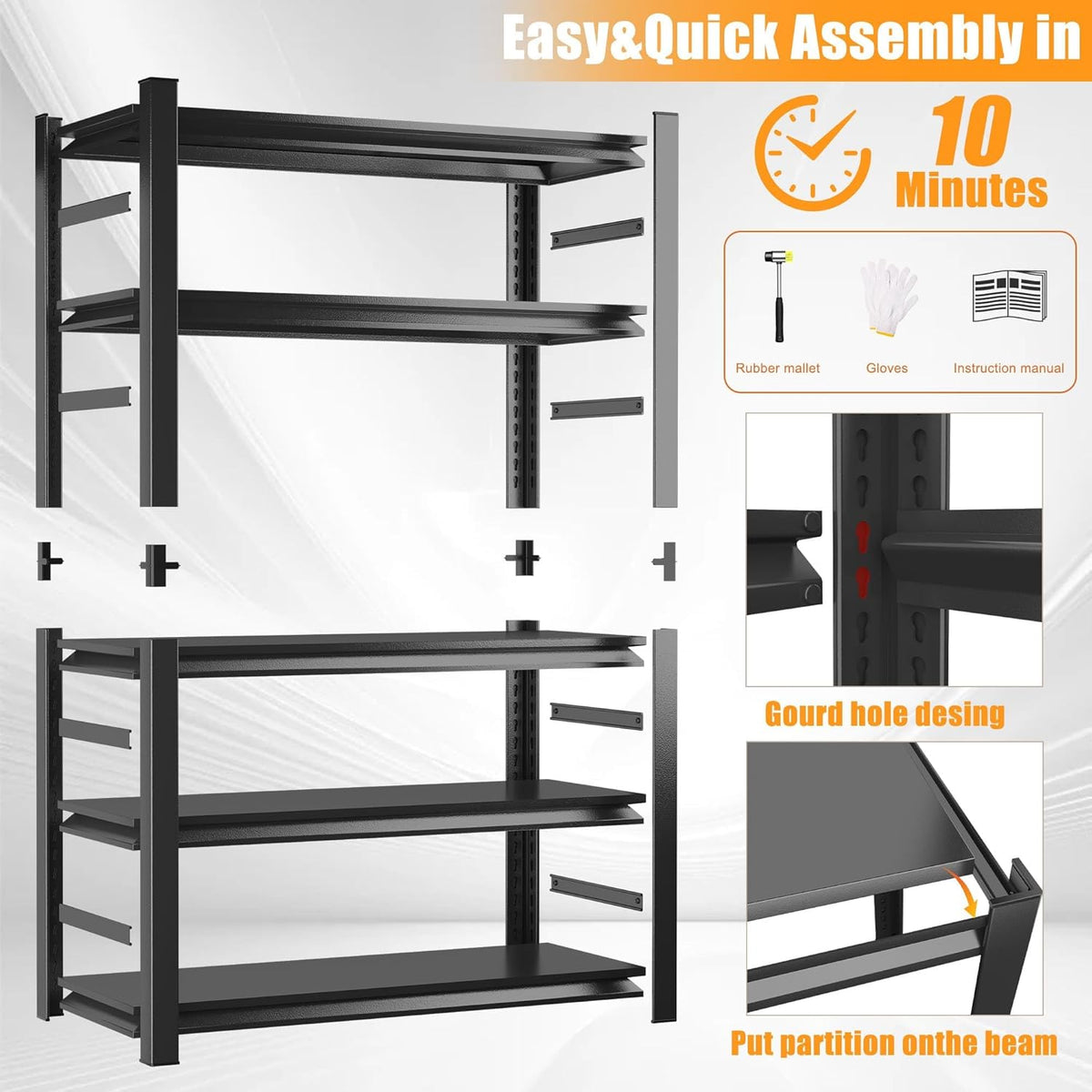 87" H Garage Shelving 3000LBS Capacity Heavy Duty Storage Shelves, Adjustable 5 Tier Metal Industrial Shelf for Kitchen, Utility Room, Warehouse and Basement,24" Dx47 Wx87 H, Black