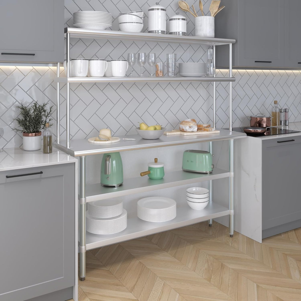 Amgood Stainless Steel Work Table with 2 Shelves | Metal Kitchen Prep Table & Shelving Combo (18" x 60" Table with 2 Shelves + 12" Overshelf)