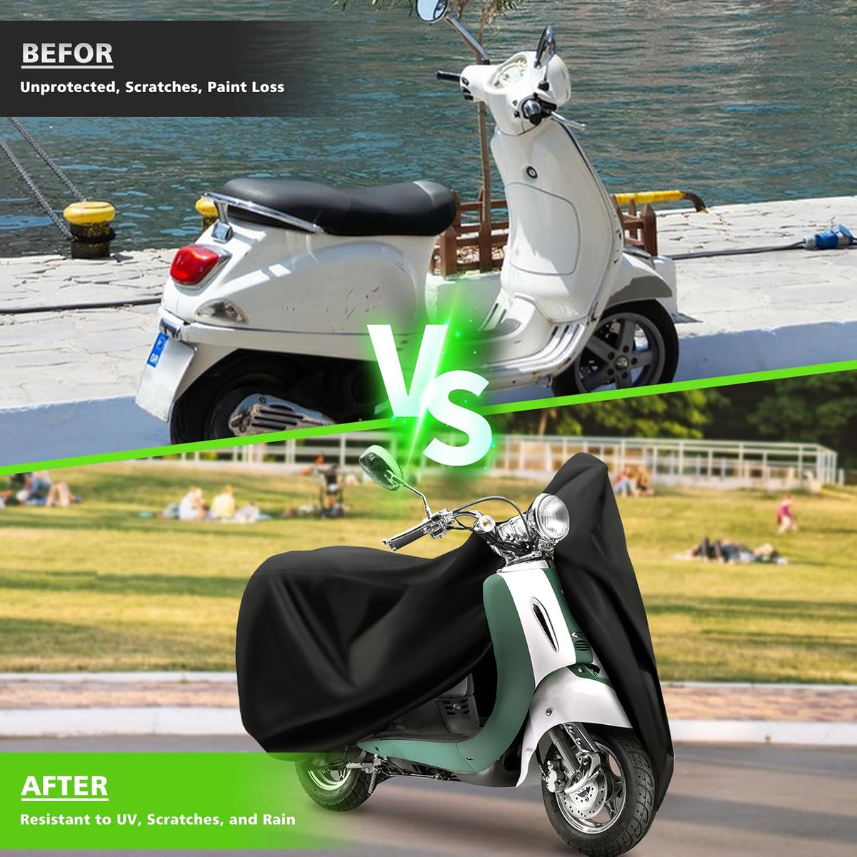 COVERVIN Scooter Waterproof Cover Outdoor, Moped Cover & Vespa Cover for Honda Ruckus Yamaha 72″ Long (S)
