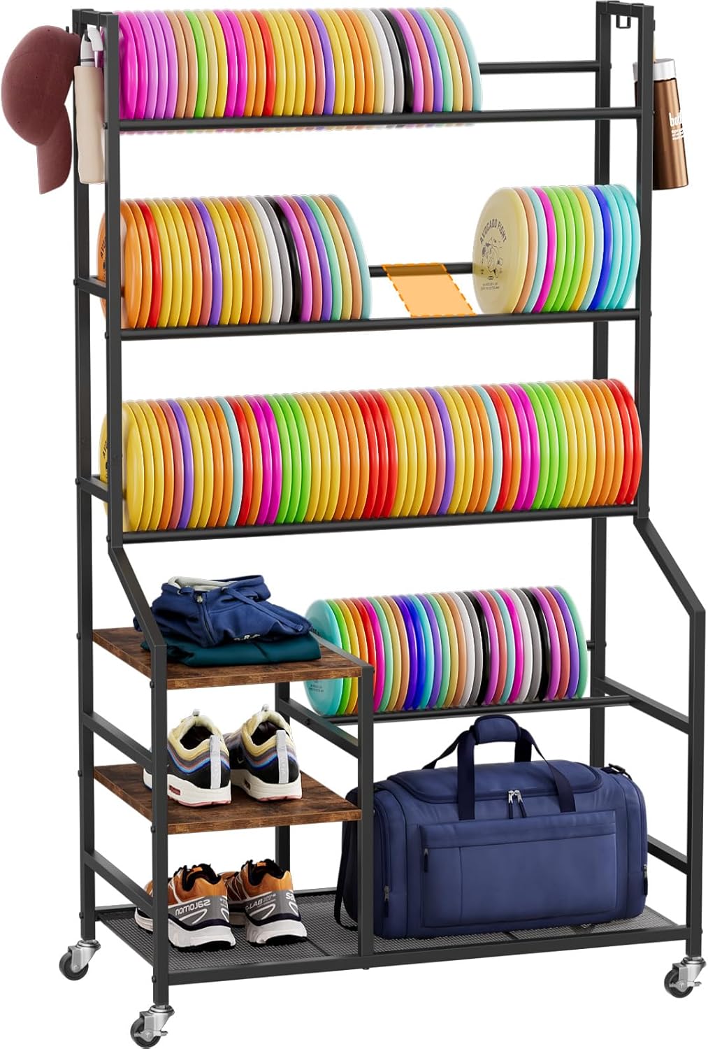 Portin 5 Tier Disc Golf Storage Rack, Disc Station Organizer with Hooks and wheels, Disc Golf Shelf for Storing Sports Equipment Accessories, Disc Golf Bag Basket Organizers for Home Garage Basement