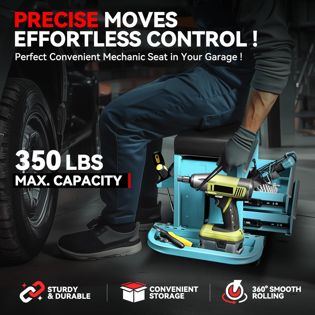 Auto Dynasty 3-Drawer Mechanic Rolling Seat, 350 LBS Capacity Roller Garage Shop Seat with Storage Tool Tray for Workshop, Repair Shop, Warehouse, Sky Blue