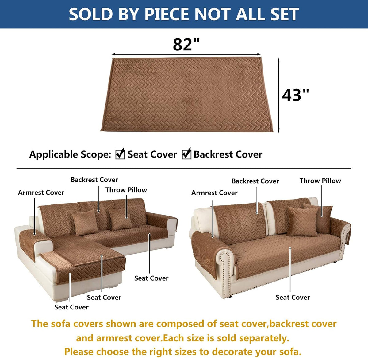 Eismodra Couch Cover,Sectional Couch Covers,Sofa Covers for 3 Cushion Couch,Anti-Slip Sofa Slipcovers for Dogs Cats Kids Loveseat Recliner L Shaped Armrest Backrest,Brown 43''x82''(Only 1 Piece)