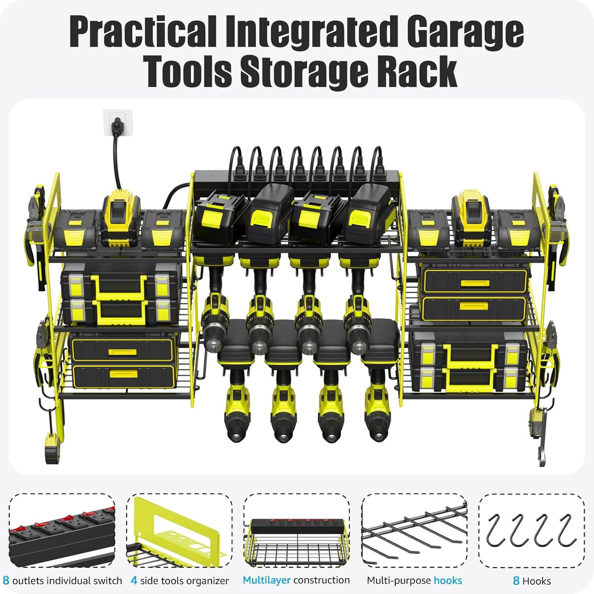 CCCEI Green Power Tool Organizer Wall Mount, Large Tools and Battery Storage Rack Charging Station Individual Switches. Drills Holder, Garage Utility Shelves with 6FT Power Strip. Gift for Men.