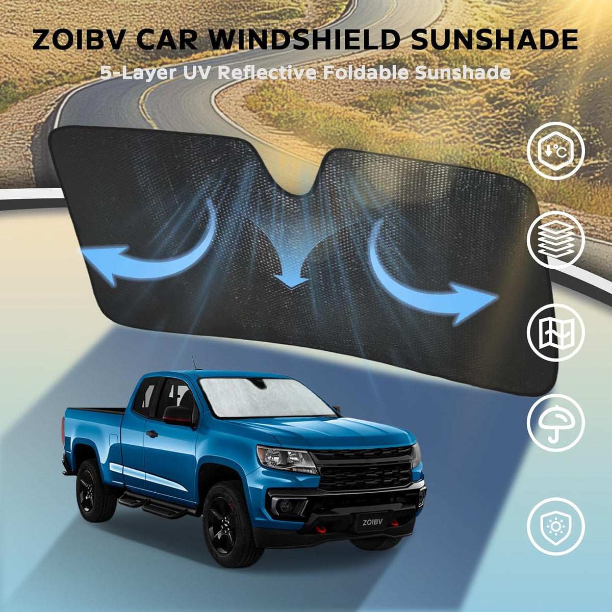 Windshield Sun Shade for Chevrolet Chevy Colorado 2015-2022 - 5-Layer Bubble Foldable Front Window Shade Sun Visor Accessories - Blocks Heat & UV Rays