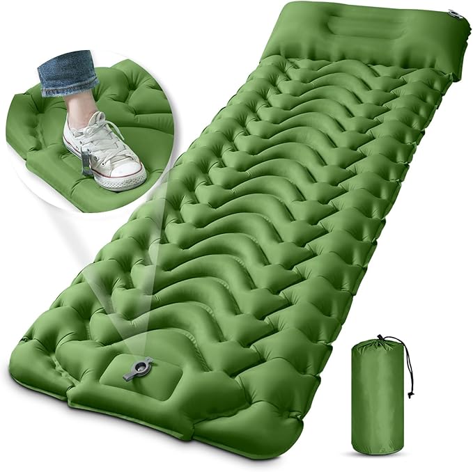 MEETPEAK Camping Sleeping Pad with Pillow, Extra Thickness Inflatable Camping Mat with Foot Pump, Durable Waterproof Lightweight Camping Air Mattress for Hiking Backpacking Traveling