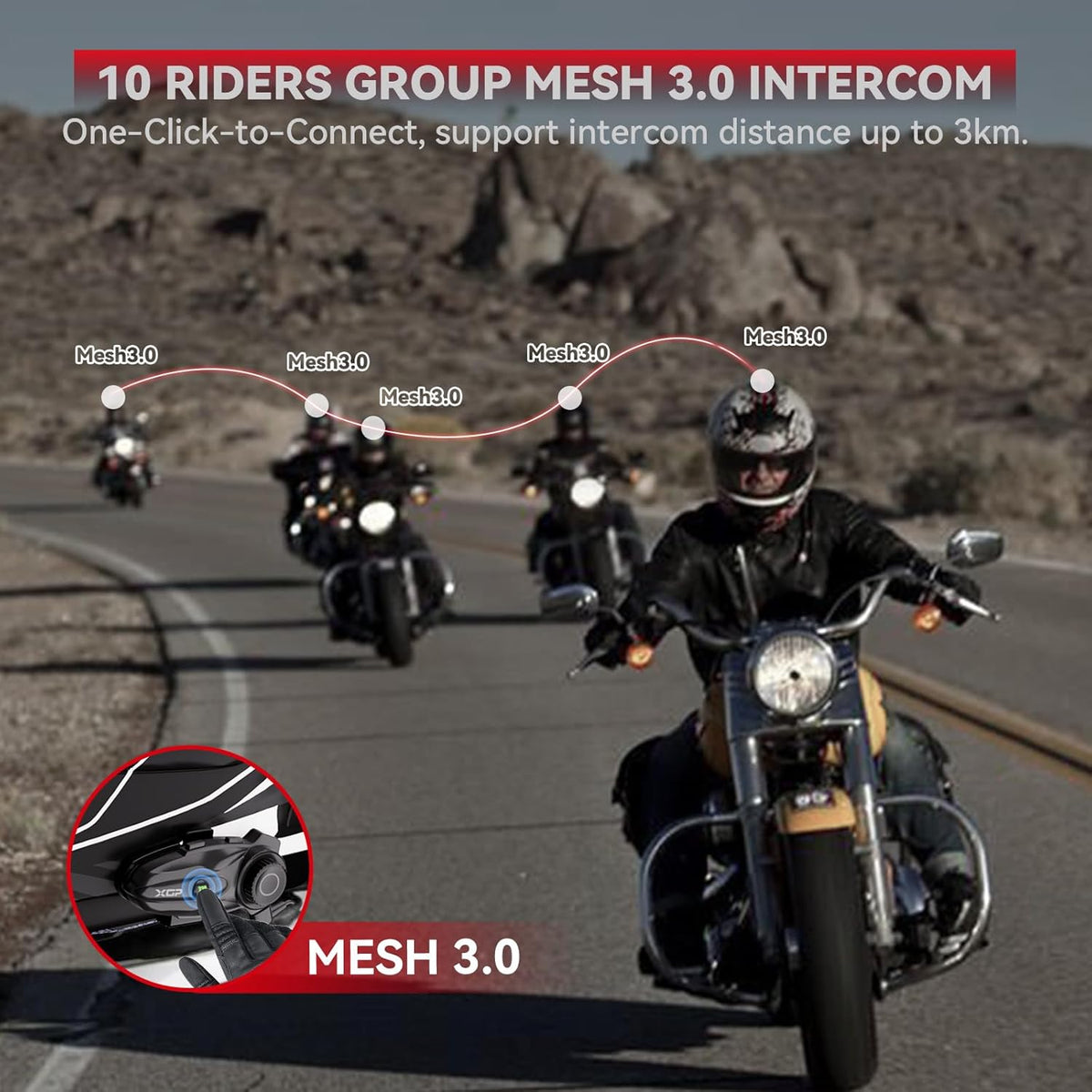 X10 10 Riders Group Mesh Motorcycle Intercom, 3000m Motorcycle Bluetooth Headset V5.3 with Audio Multitasking/Music Sharing, Helmet Communication Systems for ATV/Snowmobile/Ski, 2 Pack