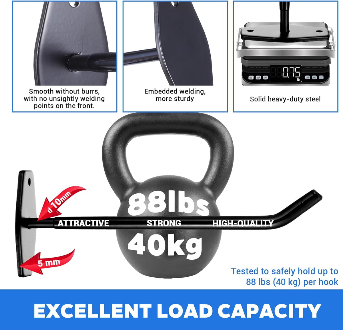 4-Pack Tire Rack Wall Mount, Heavy Duty Hooks for Storage - Garage Storage Hooks Wall Mount for Ladders, Tools & Bulk Items (88 lbs Capacity, 10"x 3.5" Black Iron)