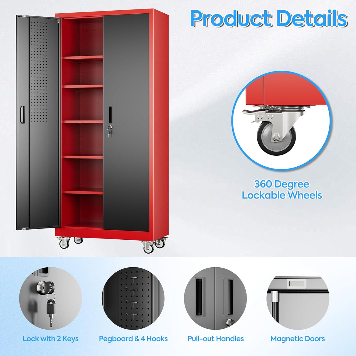 71" H×32" W×16" D Garage Storage Cabinet with Wheels, Locking Metal Storage Cabinet with 5 Adjustable Shelves, 4 Hooks and Pegboard for Garage, Home Office, Kitchen, Black and Red
