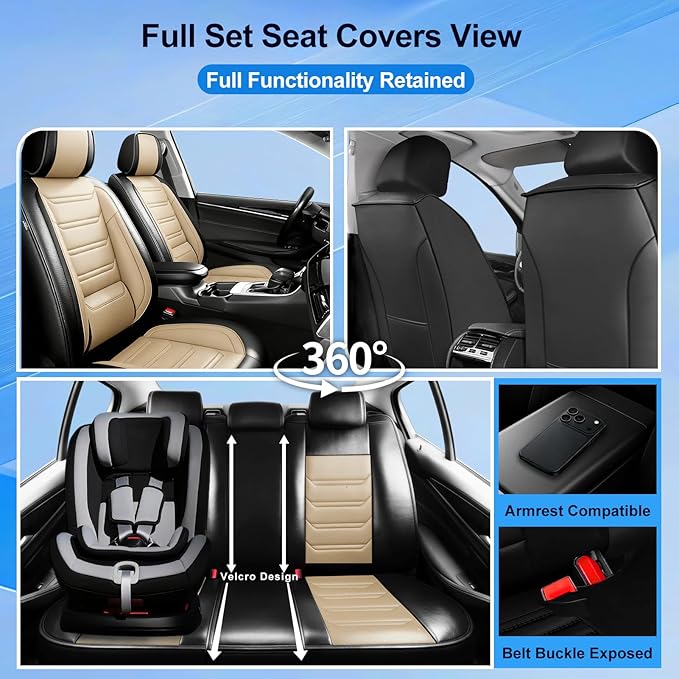 Fit Ridgeline Car Seat Covers for Select Honda Ridgeline 2007-2026 - Premium Full Coverage Leather, Airbag Compatible, Waterproof & All Weather Seat Cushion Protector, Front Pair Black+Beige
