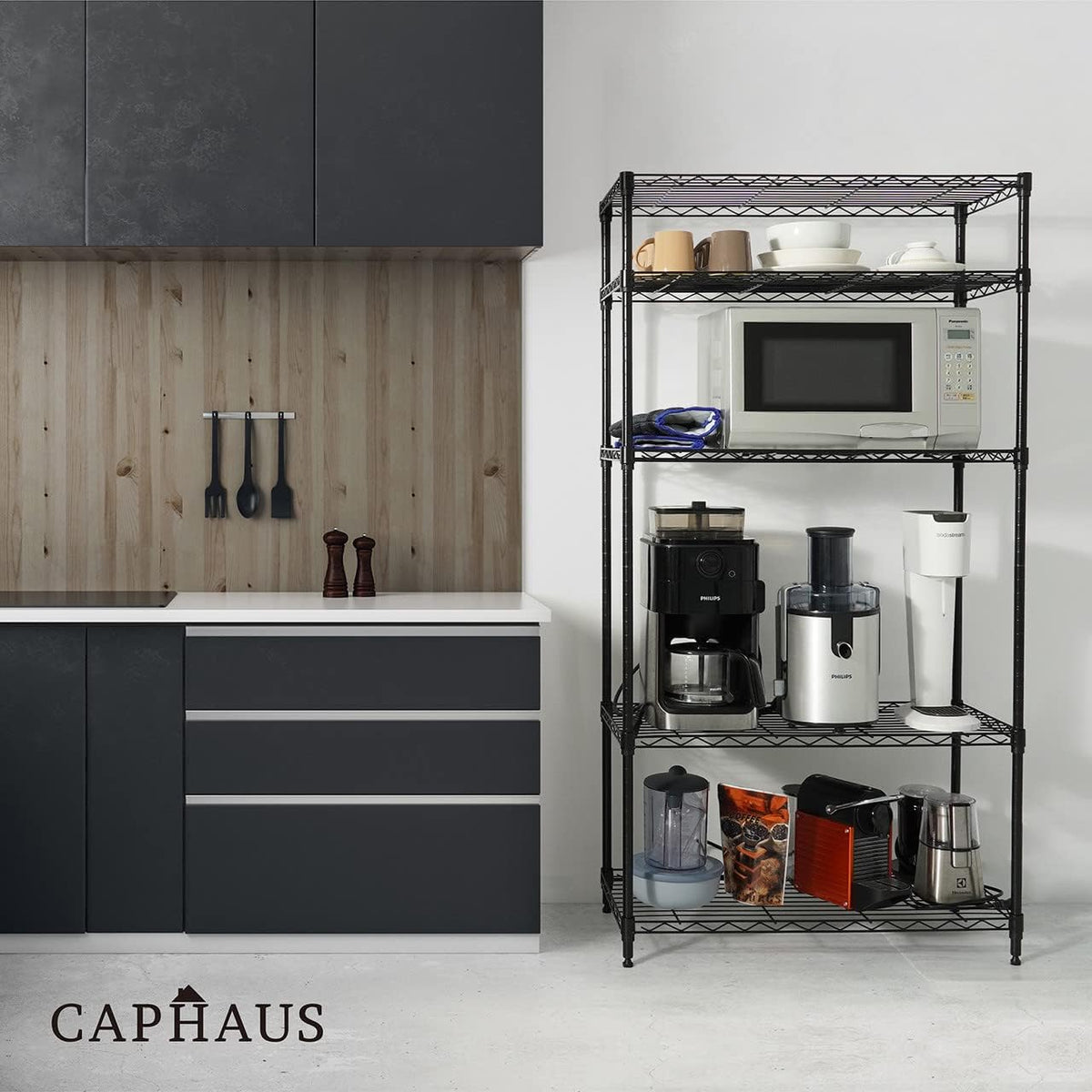 CAPHAUS NSF Adjustable Height Wire Shelving Unit w/Liner, 5-Tier Metal Steel Storage Shelf for Basement, Garage, Utility Organizer, No Wheels, Black
