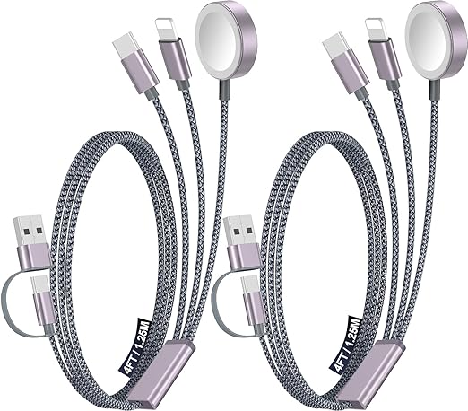 2Pack Multi Charging Cable Cord for Travel Vacation Essentials,Apple Watch Charger,iPhone 17 Charger,[3-in-2] USB A/Type C/Lightning Cable for iWatch,iPhone 17-11,Xbox Series X&S,Airpods,Home,Office