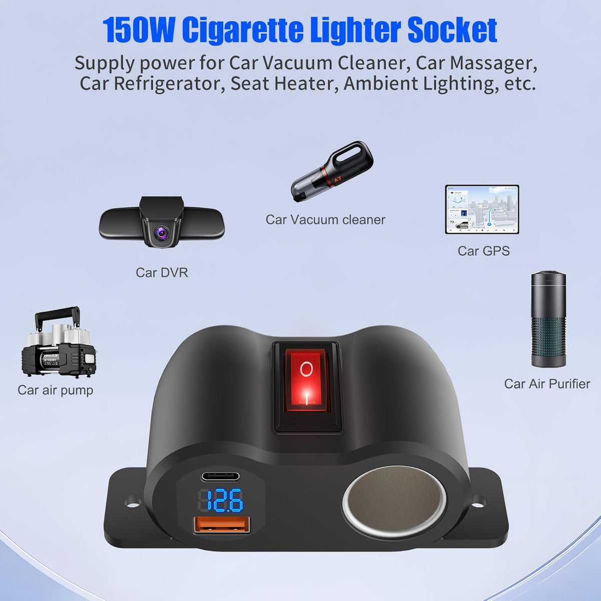 2-in-1 Surface Mount 12V USB Outlet Cigarette Lighter Socket, PD 30W and QC18W Car USB Port Car Charger with Button Switch LED Voltmeter and 120W Socket, Suitable for Cars, Boats, RVs and ATVs