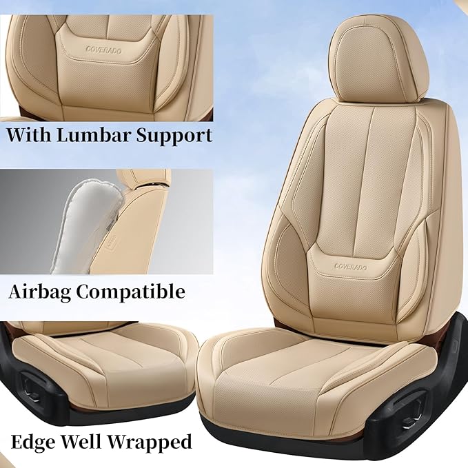 Coverado Car Seat Covers Full Set, Car Seat Protector Waterproof, Nappa Leather Car Seat Cushion, Beige Seat Covers for Cars, Front Seats and Back Universal Fit for Most Cars