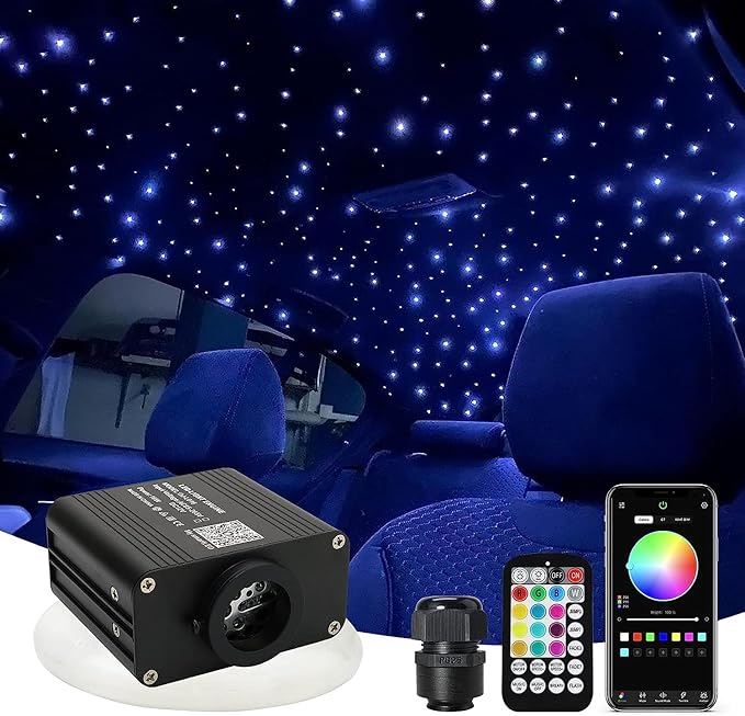 AMKI 16W Starlight Headliner Kit 500pcs 0.03in 9.8ft Twinkle+Sound Activated Fiber Optic Light APP/Remote Control for Car Home Star Ceiling Decoration
