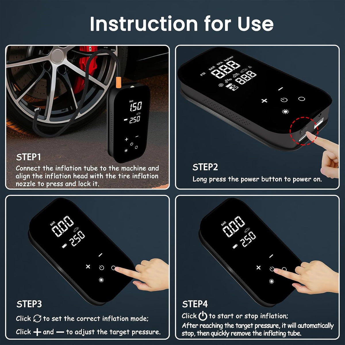 Tire Inflator Portable Air Compressor, 6X Faster 150 PSI 12000mAh Battery Air Compressor, Dual Digital Display Air Pump with Lighting - Portable Tire Inflator for Car, Bicycle, Auto Shut-Off