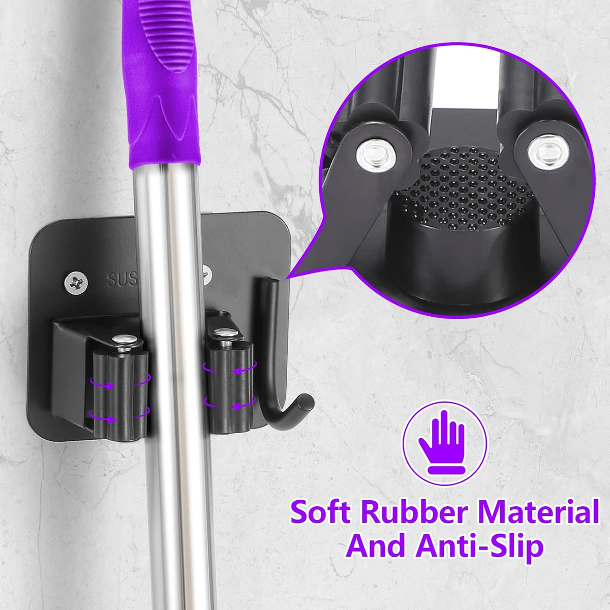 Stainless Steel Broom Holder, Heavy Duty, Rust Resistant, 4 Gripper Positions with 4 Hooks, Black