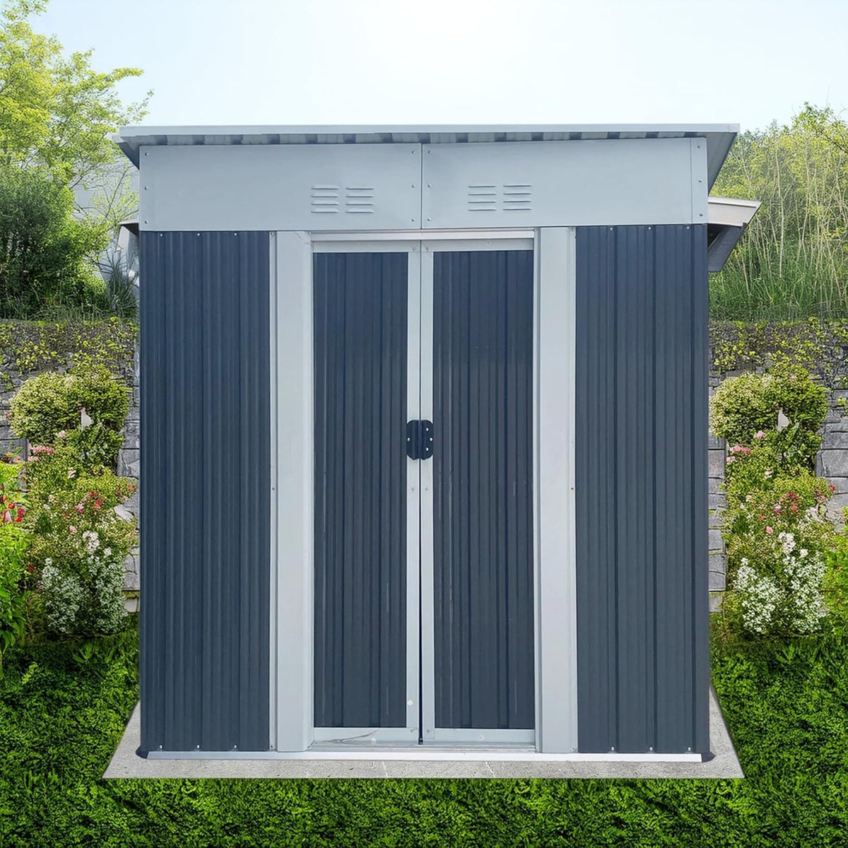 5x3 FT Outdoor Storage Shed with Sloping Roof, Waterproof Metal Garden Sheds w/Lockable Sliding Doors and Vents, Weather Resistant Tool Storage House for Backyard, Patio, Lawn, Grey