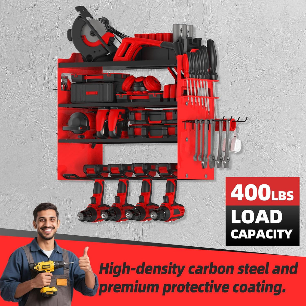 Power Tool Organizer Wall Mount with 4-Drill Holders-400Lbs Load Heavy Duty Metal 4-Layers Garage Storage & Organization Battery Tools Rack with Side Panels Utility Racks Workshop Gifts for Men