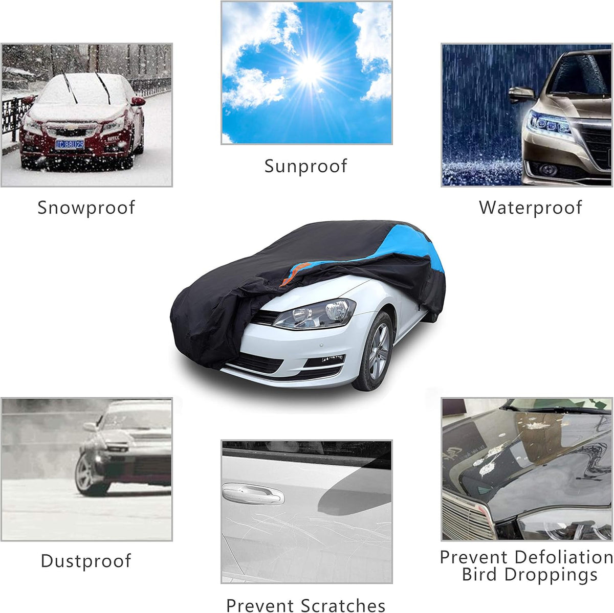 MORNYRAY Waterproof Car Cover All Weather Snowproof UV Protection Windproof Outdoor Full car Cover, Universal Fit for Sedan (Blue, Fit Hatchback Length(Up to 173 inch)