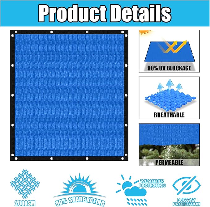 Amagenix 90% Pergola Shade Cover 7' X 7' Sun Shade Cloth with Grommets for Outdoor Garden Patio Porch, Commercial Grade 200 GSM - Cable Zip Ties Included (We Customized) GN108, Blue