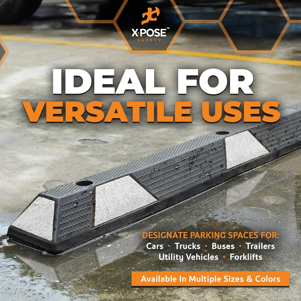 Xpose Safety 72" Heavy Duty Rubber Parking Stopper – Bulk 2 Full Pallets 100 Pack Wheel Blocks for Garage, Driveway, or Ramp – Car Bumper Stop with White Reflective Strips – Removable Floor Mount