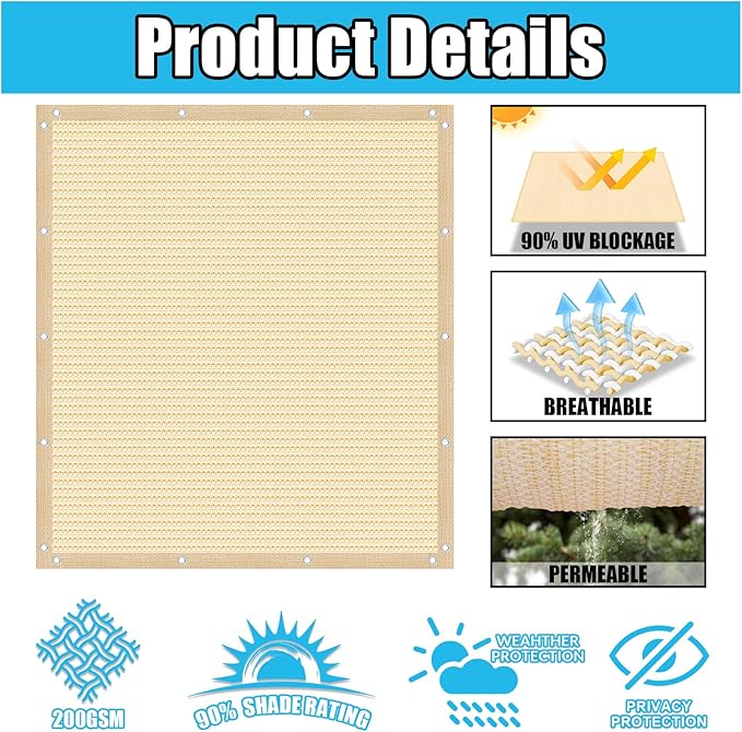 Amagenix 90% Pergola Shade Cover 16' X 20' Sun Shade Cloth with Grommets for Outdoor Garden Patio Porch, Commercial Grade 200 GSM - Cable Zip Ties Included (We Customized) GN108, Wheat