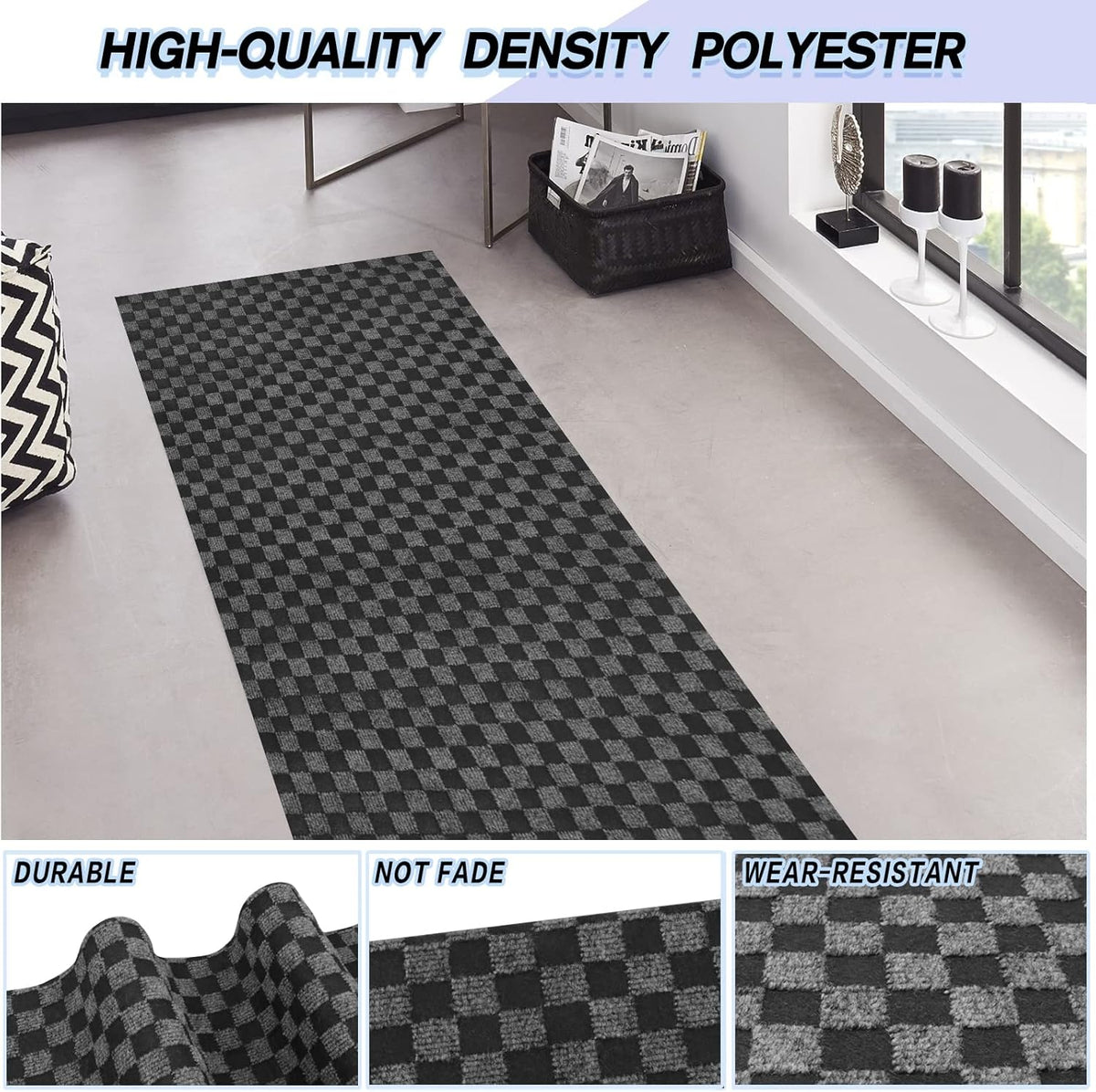Custom Size Backed Non-Slip Area Rugs Runner, Easy Clean, Waterproof Runner Rugs for Hallway Entryway, Kitchen, Laundry, 4FT x 82FT, Gray Checkered