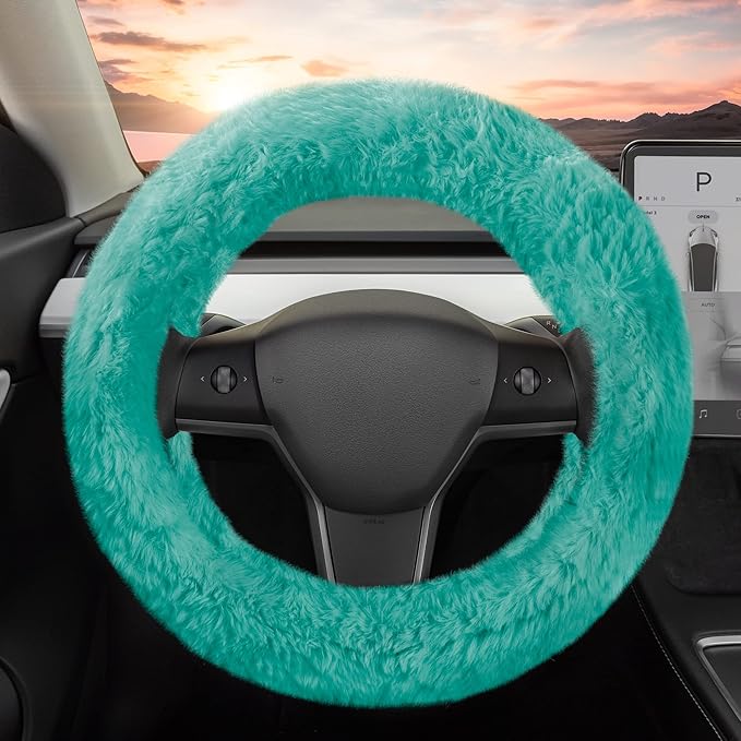 Carbella Aspen Mint Fuzzy Steering Wheel Cover for Women – Cute and Stylish Fluffy Fur Steering Wheel Cover for Cars Trucks Vans SUVs, Universal Fit for Wheel Sizes 14.5 to 15.5 inches