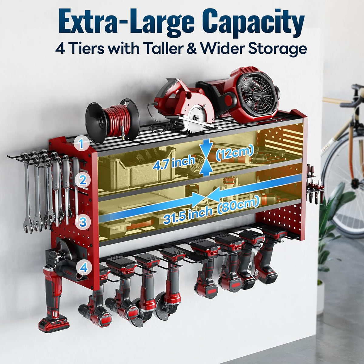Tomorotec Wall-Mounted Power Tool Storage Rack for Drill, Toolbox & Accessories, Heavy-Duty Steel Organizer with Side Hooks and Adjustable Shelves, Easy Installation Garage & Workshop Storage (Red)