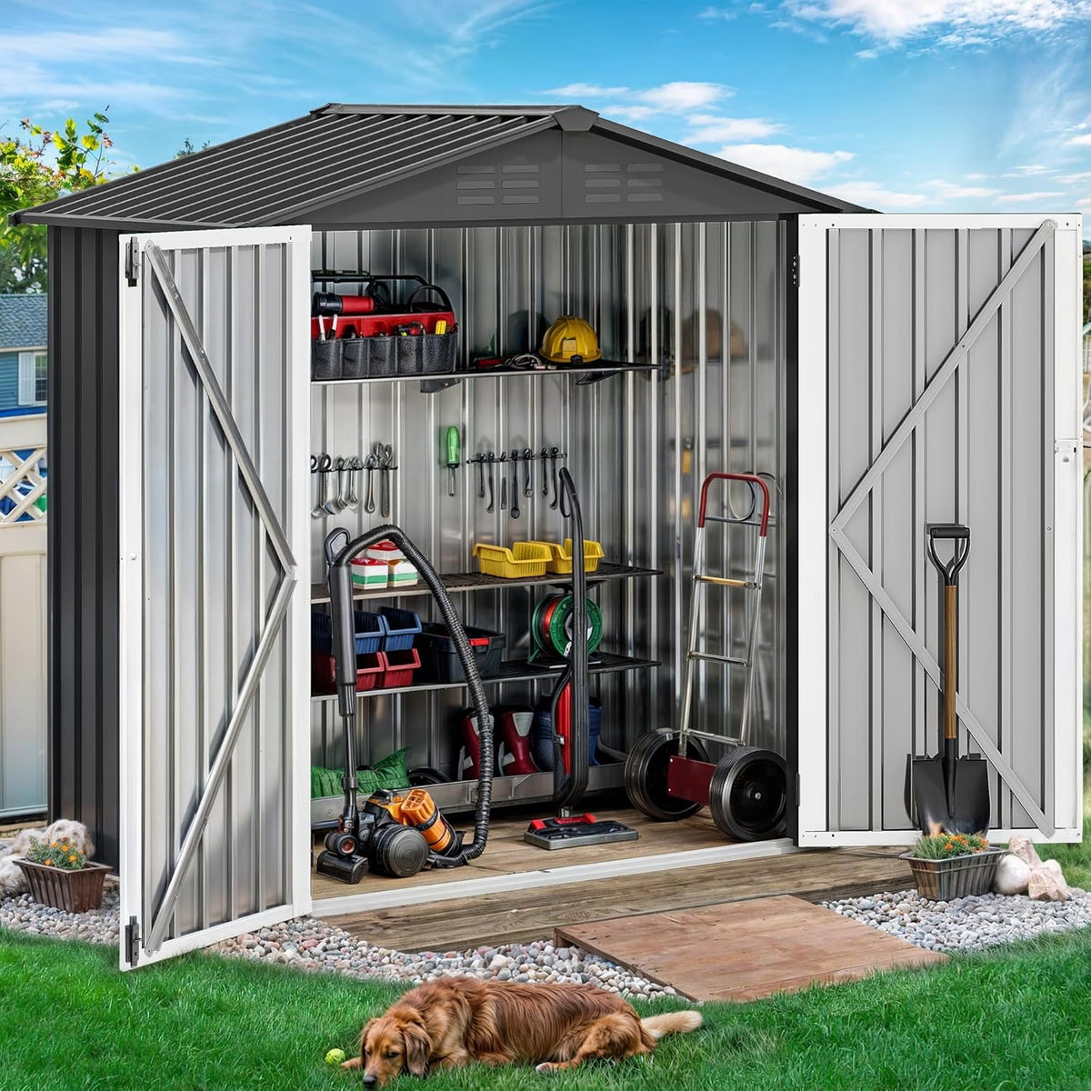 DWVO 6x4ft Storage Shed for Outdoors, Metal Sturdy Weatherproof Tool Locker with Secure Door and Ventilation for Equipment, Mowers, Bikes, Outdoor Spaces, Dark Gray