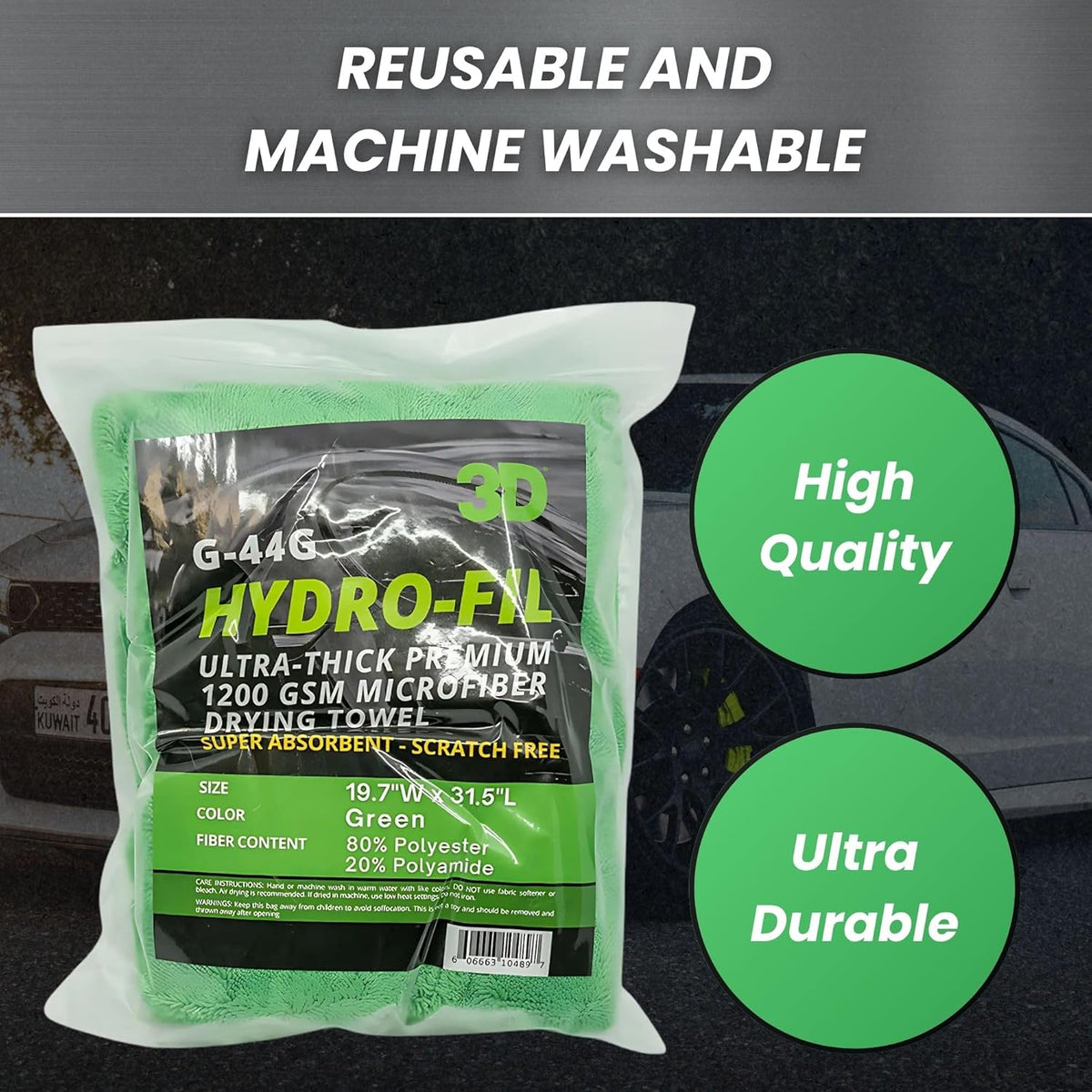 3D Hydro-FIL XL | Professional Grade Microfiber Towel | Extra Large 20” x 31.5” | Highly Absorbent | Premium Drying Cloth for Car Detailing | Green
