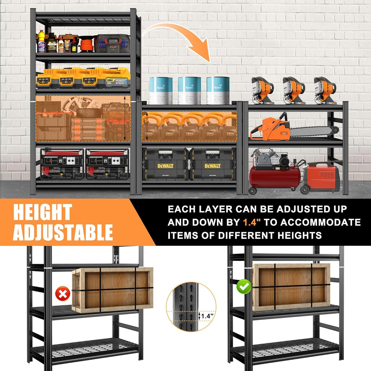 72''H Garage Shelving 3500LBS Capacity Heavy Duty Storage Shelves, Adjustable 5 Tier Metal Industrial Wire Shelf for Kitchen, Utility Room, Warehouse and Basement, Black (48''Wx24''Dx72''H)