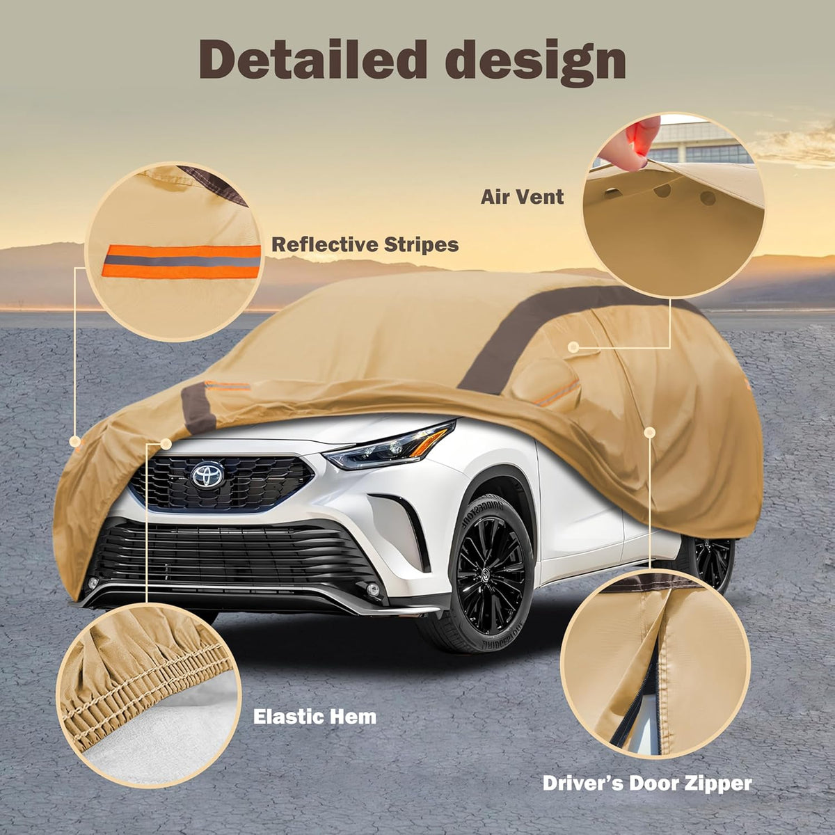 Highlander Car Cover Waterproof All Weather Compatible with Toyota Highlander 2007-2024, Outdoor Dustproof Anti-UV Sun Rain Protection Full Exterior Cover(Camel with Brown)