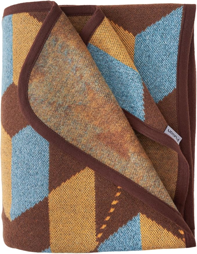 PuTian Merino Wool Blanket - Large Warm Soft Washable Camp Blanket Throw for Bed Couch Camping Outdoor Travel Emergency, Brown Geometry