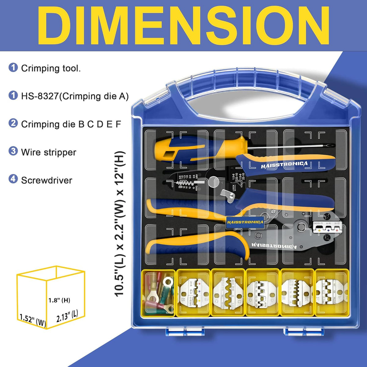 haisstronica Crimping Tool Set - 6PCS Crimping Die for Heat Shrink,Insulated Nylon,Non-Insulated,Ferrule Wire End,Open Barrel Terminals,Solar Connectors - with Wire Stripper Tool and Screwdriver