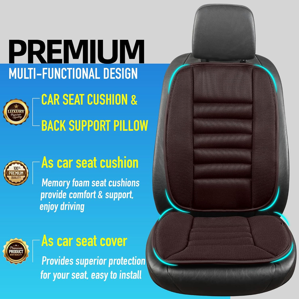 Memory Foam Car Seat Cushion with Lumbar Support Pillow, Memory Foam Driving Pillow for Back-Sciatica Pain Relief, Auto Pad Suitable for Car, Truck, SUV - 4D Mesh Brown