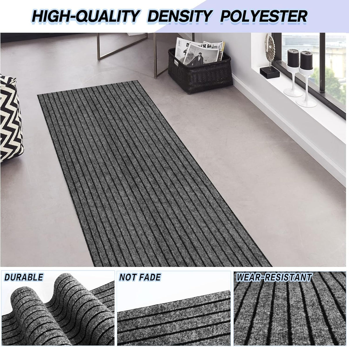 Custom Size Backed Non-Slip Area Rugs Runner, Easy Clean, Waterproof Runner Rugs for Hallway Entryway, Kitchen, Laundry, 4FT x 32FT, Gray Stripe
