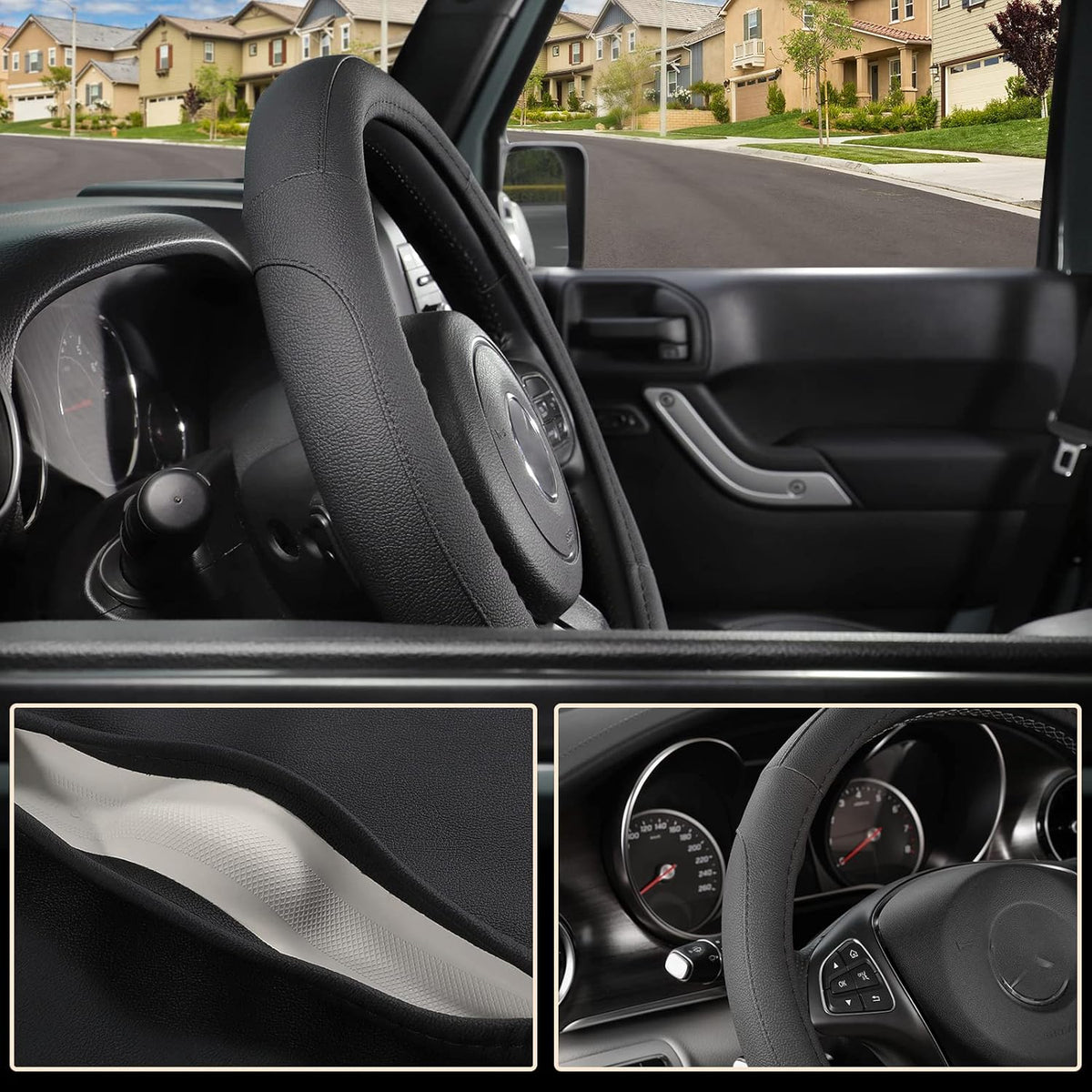 SEG Direct Car Steering Wheel Cover for F-150 Tundra Range Rover 15.5-16 inch, Black Microfiber Leather