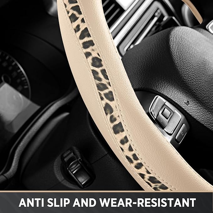 Road Comforts D-Type Steering Wheel Cover - Made with PVC Leather and Leopard Fabric - Universal Fit for 15-Inch D-Shaped Automotive Steering Wheels (Milky White)