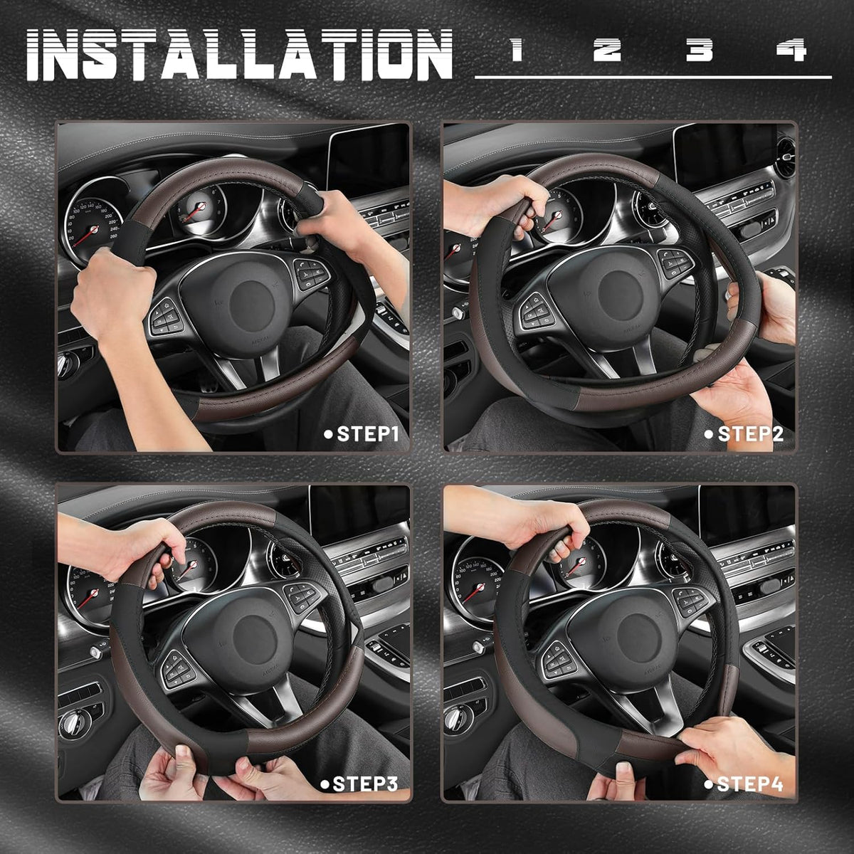 SEG Direct Steering Wheel Cover for Car, Standard Size 14.5-15 inch, Auto Interior Accessories, Black and Dark Brown